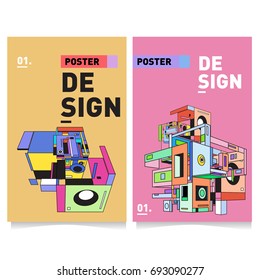 Flat color covers set. Abstract colorful geometric 3d shapes with typography poster design template. Trendy design and colorful summer theme. 