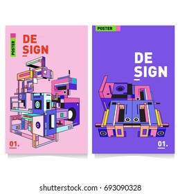 Flat color covers set. Abstract colorful geometric 3d shapes with typography poster design template. Trendy design and colorful summer theme. 