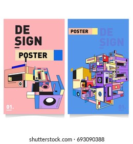 Flat color covers set. Abstract colorful geometric 3d shapes with typography poster design template. Trendy design and colorful summer theme. 