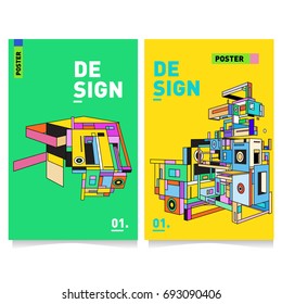 Flat color covers set. Abstract colorful geometric 3d shapes with typography poster design template. Trendy design and colorful summer theme. 