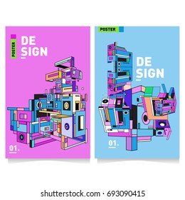Flat color covers set. Abstract colorful geometric 3d shapes with typography poster design template. Trendy design and colorful summer theme. 
