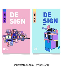 Flat color covers set. Abstract colorful geometric 3d shapes with typography poster design template. Trendy design and colorful summer theme. 