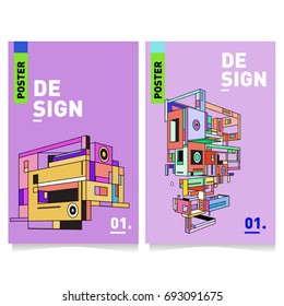 Flat color covers set. Abstract colorful geometric 3d shapes with typography poster design template. Trendy design and colorful summer theme. 