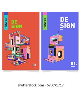 Flat color covers set. Abstract colorful geometric 3d shapes with typography poster design template. Trendy design and colorful summer theme. 