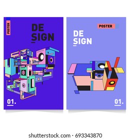Flat color covers set. Abstract colorful geometric 3d shapes with typography poster design template. Trendy design and colorful summer theme. 