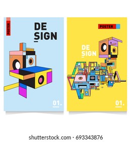 Flat color covers set. Abstract colorful geometric 3d shapes with typography poster design template. Trendy design and colorful summer theme. 