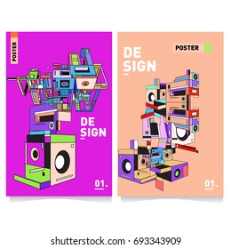 Flat color covers set. Abstract colorful geometric 3d shapes with typography poster design template. Trendy design and colorful summer theme. 