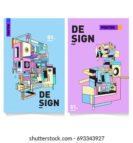 Flat color covers set. Abstract colorful geometric 3d shapes with typography poster design template. Trendy design and colorful summer theme. 