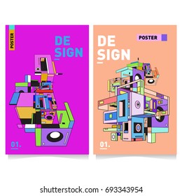 Flat color covers set. Abstract colorful geometric 3d shapes with typography poster design template. Trendy design and colorful summer theme. 