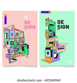Flat color covers set. Abstract colorful geometric 3d shapes with typography poster design template. Trendy design and colorful summer theme. 