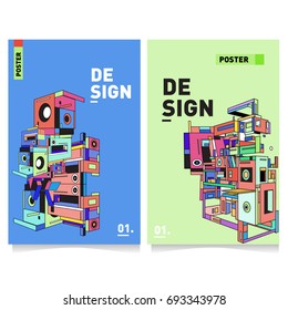 Flat color covers set. Abstract colorful geometric 3d shapes with typography poster design template. Trendy design and colorful summer theme. 