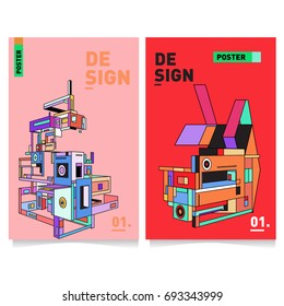 Flat color covers set. Abstract colorful geometric 3d shapes with typography poster design template. Trendy design and colorful summer theme. 