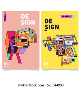 Flat color covers set. Abstract colorful geometric 3d shapes with typography poster design template. Trendy design and colorful summer theme. 