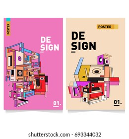 Flat color covers set. Abstract colorful geometric 3d shapes with typography poster design template. Trendy design and colorful summer theme. 