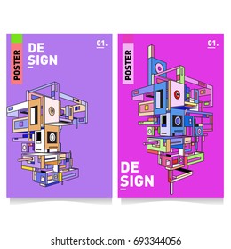 Flat color covers set. Abstract colorful geometric 3d shapes with typography poster design template. Trendy design and colorful summer theme. 