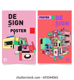 Flat color covers set. Abstract colorful geometric 3d shapes with typography poster design template. Trendy design and colorful summer theme. 