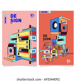 Flat color covers set. Abstract colorful geometric 3d shapes with typography poster design template. Trendy design and colorful summer theme. 