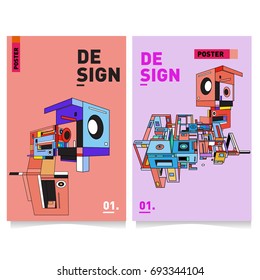Flat color covers set. Abstract colorful geometric 3d shapes with typography poster design template. Trendy design and colorful summer theme. 