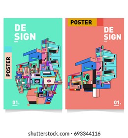 Flat color covers set. Abstract colorful geometric 3d shapes with typography poster design template. Trendy design and colorful summer theme. 