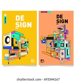 Flat color covers set. Abstract colorful geometric 3d shapes with typography poster design template. Trendy design and colorful summer theme. 