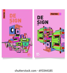 Flat color covers set. Abstract colorful geometric 3d shapes with typography poster design template. Trendy design and colorful summer theme. 