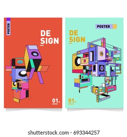 Flat color covers set. Abstract colorful geometric 3d shapes with typography poster design template. Trendy design and colorful summer theme. 