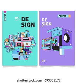 Flat color covers set. Abstract colorful geometric 3d shapes with typography poster design template. Trendy design and colorful summer theme. 