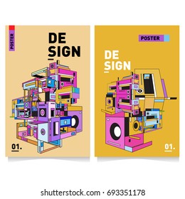 Flat color covers set. Abstract colorful geometric 3d shapes with typography poster design template. Trendy design and colorful summer theme. 