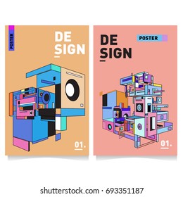 Flat color covers set. Abstract colorful geometric 3d shapes with typography poster design template. Trendy design and colorful summer theme. 