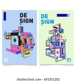 Flat color covers set. Abstract colorful geometric 3d shapes with typography poster design template. Trendy design and colorful summer theme. 