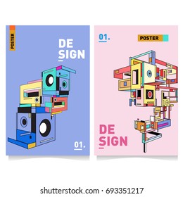 Flat color covers set. Abstract colorful geometric 3d shapes with typography poster design template. Trendy design and colorful summer theme. 