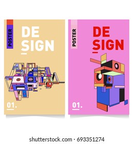 Flat color covers set. Abstract colorful geometric 3d shapes with typography poster design template. Trendy design and colorful summer theme. 