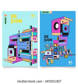 Flat color covers set. Abstract colorful geometric 3d shapes with typography poster design template. Trendy design and colorful summer theme. 