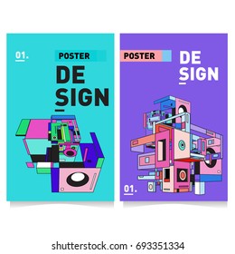 Flat color covers set. Abstract colorful geometric 3d shapes with typography poster design template. Trendy design and colorful summer theme. 