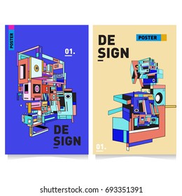 Flat color covers set. Abstract colorful geometric 3d shapes with typography poster design template. Trendy design and colorful summer theme. 