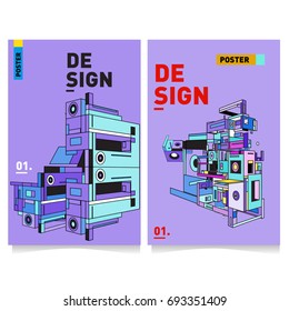 Flat color covers set. Abstract colorful geometric 3d shapes with typography poster design template. Trendy design and colorful summer theme. 