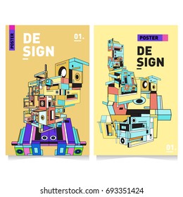 Flat color covers set. Abstract colorful geometric 3d shapes with typography poster design template. Trendy design and colorful summer theme. 