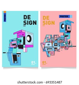 Flat color covers set. Abstract colorful geometric 3d shapes with typography poster design template. Trendy design and colorful summer theme. 