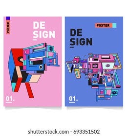 Flat color covers set. Abstract colorful geometric 3d shapes with typography poster design template. Trendy design and colorful summer theme. 