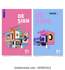Flat color covers set. Abstract colorful geometric 3d shapes with typography poster design template. Trendy design and colorful summer theme. 