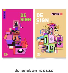 Flat color covers set. Abstract colorful geometric 3d shapes with typography poster design template. Trendy design and colorful summer theme. 