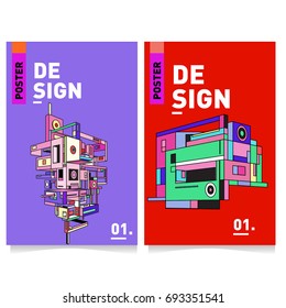 Flat color covers set. Abstract colorful geometric 3d shapes with typography poster design template. Trendy design and colorful summer theme. 