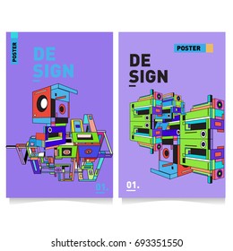 Flat color covers set. Abstract colorful geometric 3d shapes with typography poster design template. Trendy design and colorful summer theme. 