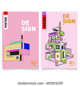 Flat color covers set. Abstract colorful geometric 3d shapes with typography poster design template. Trendy design and colorful summer theme. 