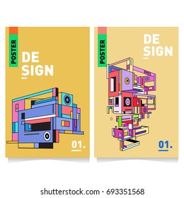 Flat color covers set. Abstract colorful geometric 3d shapes with typography poster design template. Trendy design and colorful summer theme. 