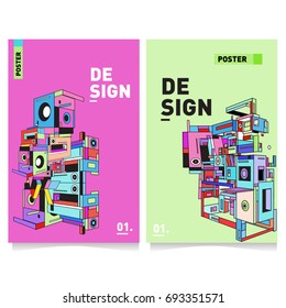 Flat color covers set. Abstract colorful geometric 3d shapes with typography poster design template. Trendy design and colorful summer theme. 