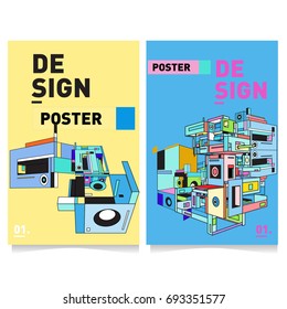 Flat color covers set. Abstract colorful geometric 3d shapes with typography poster design template. Trendy design and colorful summer theme. 