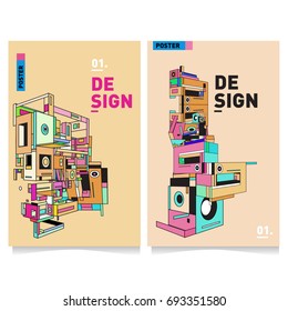 Flat color covers set. Abstract colorful geometric 3d shapes with typography poster design template. Trendy design and colorful summer theme. 