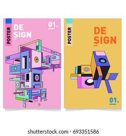 Flat color covers set. Abstract colorful geometric 3d shapes with typography poster design template. Trendy design and colorful summer theme. 