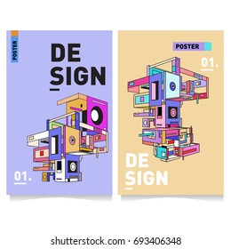 Flat color covers set. Abstract colorful geometric 3d shapes with typography poster design template. Trendy design and colorful theme. 